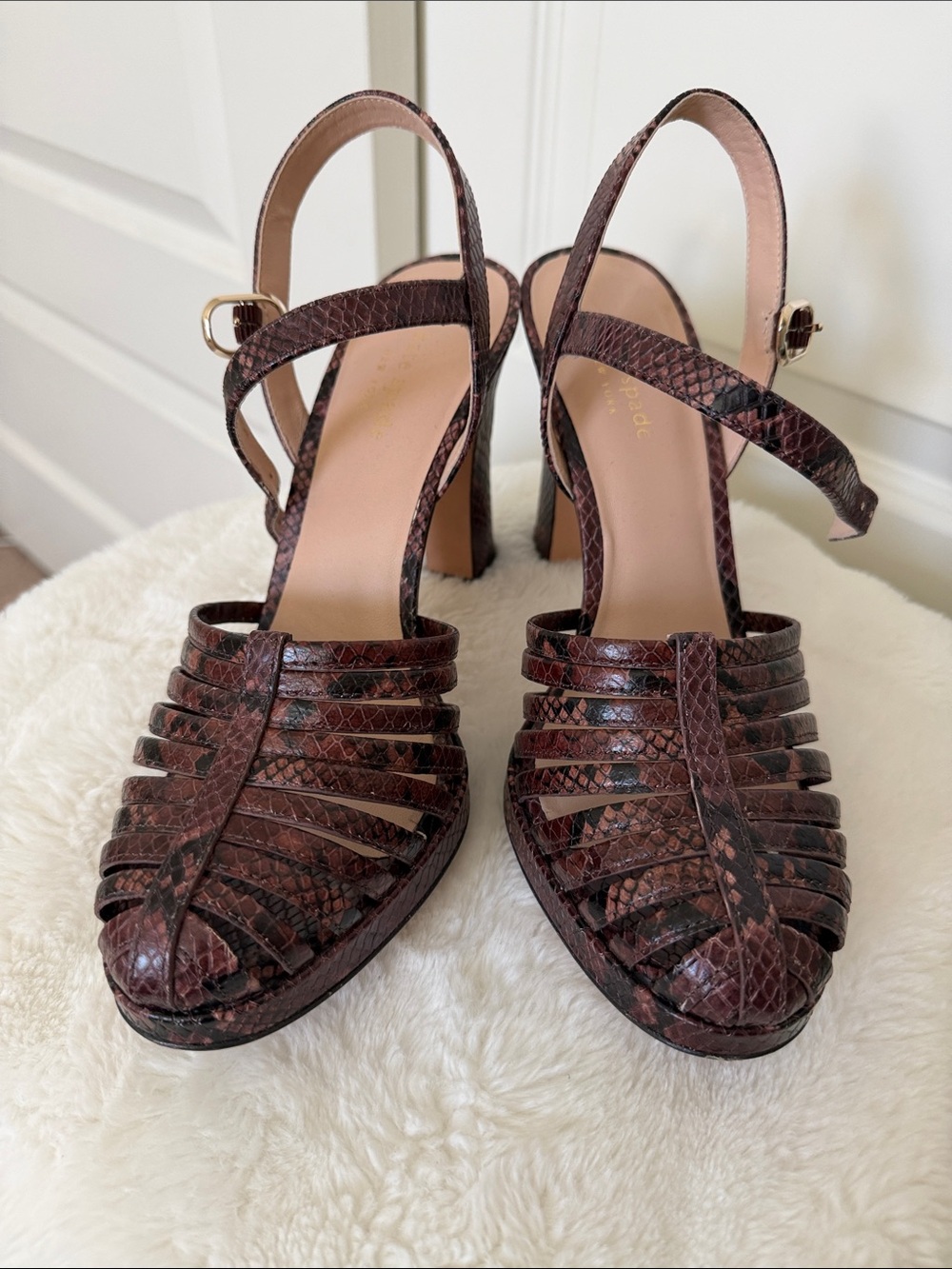 kate spade Brown Snake-Embossed Woven Slingback Heels